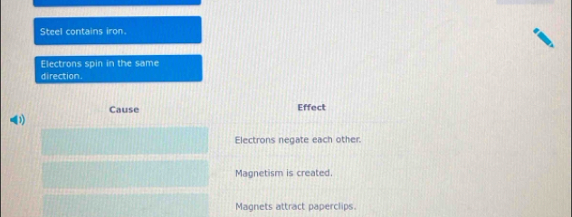 Steel contains iron.
Electrons spin in the same
direction.
Cause Effect
D)
Electrons negate each other.
Magnetism is created.
Magnets attract paperclips.