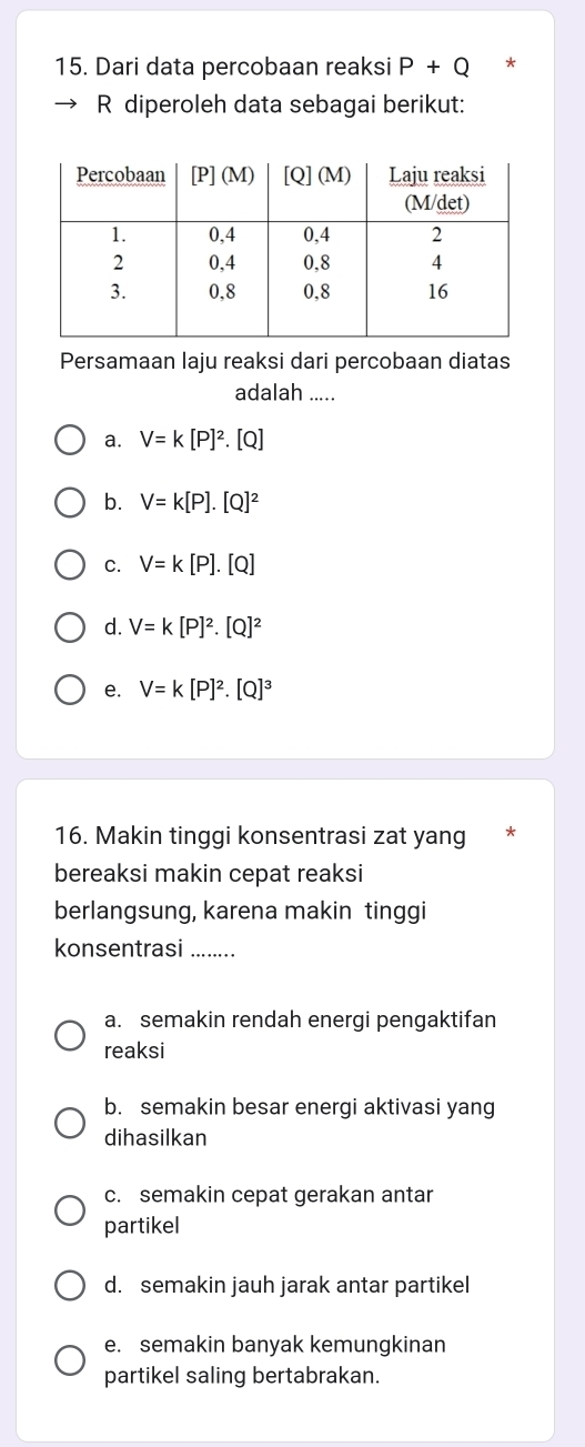 Dari data percobaan reaksi P+Q *
R diperoleh data sebagai berikut:
Persamaan laju reaksi dari percobaan diatas
adalah .....
a. V=k[P]^2.[Q]
b. V=k[P].[Q]^2
C. V=k[P].[Q]
d. V=k[P]^2.[Q]^2
e. V=k[P]^2.[Q]^3
16. Makin tinggi konsentrasi zat yang
bereaksi makin cepat reaksi
berlangsung, karena makin tinggi
konsentrasi_
a. semakin rendah energi pengaktifan
reaksi
b. semakin besar energi aktivasi yang
dihasilkan
c. semakin cepat gerakan antar
partikel
d. semakin jauh jarak antar partikel
e. semakin banyak kemungkinan
partikel saling bertabrakan.