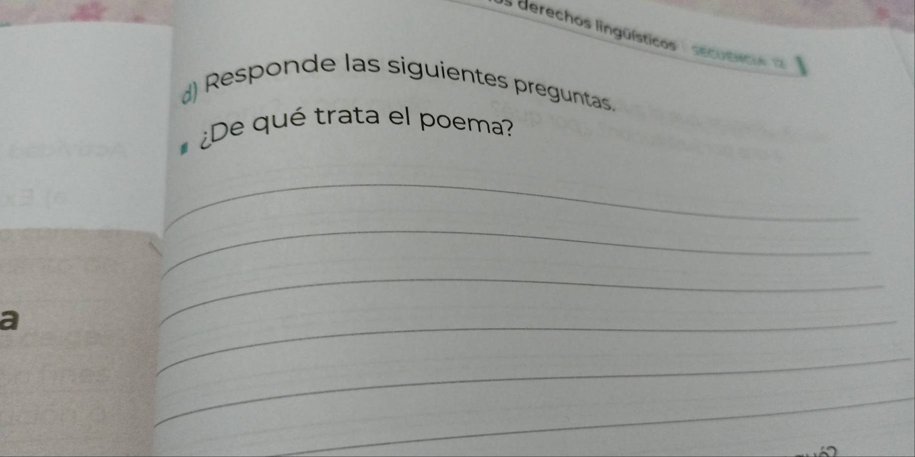 derechos lingüísticos se cu ei 
d) Responde las siguientes preguntas. 
¿De qué trata el poema? 
_ 
_ 
a 
_ 
_ 
_ 
_