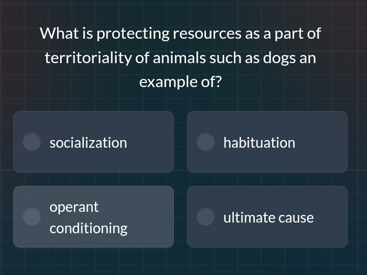 What is protecting resources as a part of
territoriality of animals such as dogs an
example of?
socialization habituation
operant
ultimate cause
conditioning