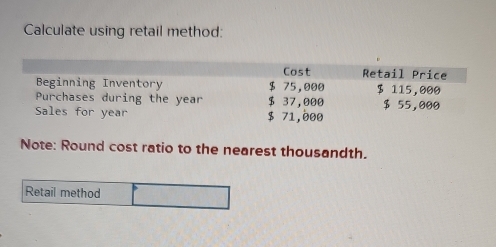 Calculate using retail method: 
Note: Round cost ratio to the nearest thousandth. 
Retail method