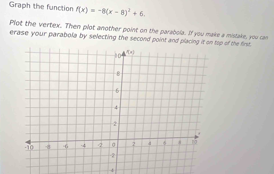 Graph the function f(x)=-8(x-8)^2+6.
Plot the vertex. Then plot another point on the parabola. If you make a mistake, you can
erase your parabola by selecting the second point and placing it on top of the first.
-4