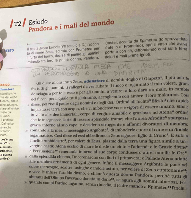 T2 Esiodo
Pandora e i mali del mondo
II poeta greco Esiodo (VII secolo a.C.) raccon- Costei, accolta da Epimeteo (lo sprovveduto
ILTESTO ta di come Zeus, adirato con Prometeo per fratello di Prometeo), aprì il vaso che aveva
il furto del fuoco, decise di punire gli uomini portato con sé, diffondendo cosí sulla Terra
inviando fra loro la prima donna, Pandora. dolori e mali prima ignoti.
Essica Gli disse allora irato Zeus, adunatore di nembi: «Figlio di Giapeto¹, il più astuto
dunatore fra tutti gli uomini, ti rallegri d'aver rubato il fuoco e ingannato il mio volere, gran.
riva dal verbo de sciagura per te stesso e per gli uomini a venire; a loro darò un male, in cambio
stantivo che
Junare», che è del fuoco, per il quale tutti gioiranno, accogliendo con amore il loro malanno». Cosi
tino adunare, s disse, poi rise il padre degli uomini e degli dèi, Ordinò all'inclito^2 Efes to^3 che rapido
rtare all 'unità
rivato da impastasse terra con acqua, che vi infondesse voce e vigore di essere umano, simile
s, «uno» in volto alle dee immortali, corpo di vergine amabile e grazioso; ad Atena^4 ordinò
il prefisso che le insegnasse l'arte di tessere splendide trame; che l'aurea Afrod ite^5 spargesse
. Dal verbo grazia intorno al suo capo, e desiderio struggente e affanni divoratori di membra;
a anche
stantivo 1 comandò a Ermes, il messaggero Argifonte®, di infonderle cuore di cane e un'indole
nata-. ingannatrice. Cosi disse ed essi obbedirono a Zeus signore, figlio di Crono⁷. E subito
cos'è una
ata? In l'inclito Ambidestro", per volere di Zeus, plasmò dalla terra una figura simile a una
e ambito, vergine casta; Atena occhio di mare le diede un cinto e l'adornò; e le Grazie divine®
articolare. e Persuasione¹ veneranda intorno al suo corpo condussero aurei monili; le Ore^(11)
a questo
antivo? 1  dalla splendida chioma, l'incoronarono con fiorí di primavera; e Pallade Atena adattò
alle membra ornamenti di ogni genere. Infine il messaggero Argifonte le pose nel
cuore menzogne, scaltre lusinghe e indole astuta, per volere di Zeus cupitonante¹;
e voce le infuse l'araldo divino, e chiamò questa donna Pandora, perché tutti gli
abitanti dell'Olimpo l'avevano donata in dono¹ª, sciagura agli uomini laboriosi. Poi,
quando compi l'arduo inganno, senza rimedio, il Padre mandò a Epimeted 14 lnclito