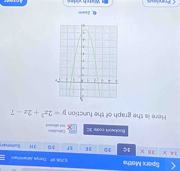 Sparx Maths 5,706 XP Donya Jahankhani 
3A X 3B* |3C 3D 3E 3F 3 G 3H Summary 
Bookwork code: 3C Calculator 
not allowed 
Here is the graph of the function y=2x^2+2x-7. 
Zoom 
Previous Watch video Answer