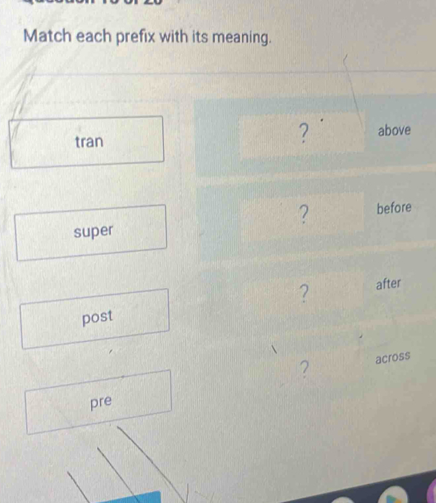 Match each prefix with its meaning. 
tran 
? above 
? before 
super 
post ? after 
? across 
pre