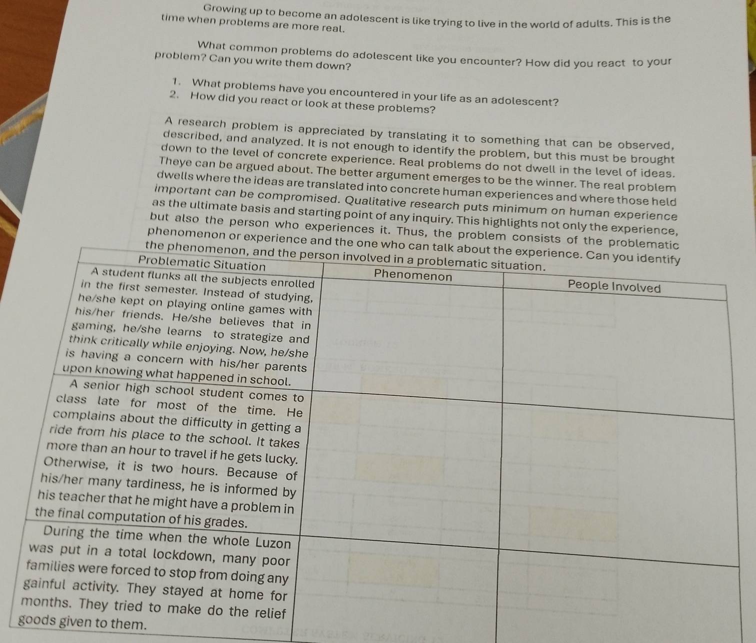 Growing up to become an adolescent is like trying to live in the world of adults. This is the 
time when problems are more real. 
What common problems do adolescent like you encounter? How did you react to your 
problem? Can you write them down? 
1. What problems have you encountered in your life as an adolescent? 
2. How did you react or look at these problems? 
A research problem is appreciated by translating it to something that can be observed, 
described, and analyzed. It is not enough to identify the problem, but this must be brought 
down to the level of concrete experience. Real problems do not dwell in the level of ideas. 
Theye can be argued about. The better argument emerges to be the winner. The real problem 
dwells where the ideas are translated into concrete human experiences and where those held 
important can be compromised. Qualitative research puts minimum on human experience 
as the ultimate basis and starting point of any inquiry. This highlights not only the experience, 
but also the person who experiences it. Thus, the problem consists of 
phenomenon or experience a 
iven to them.