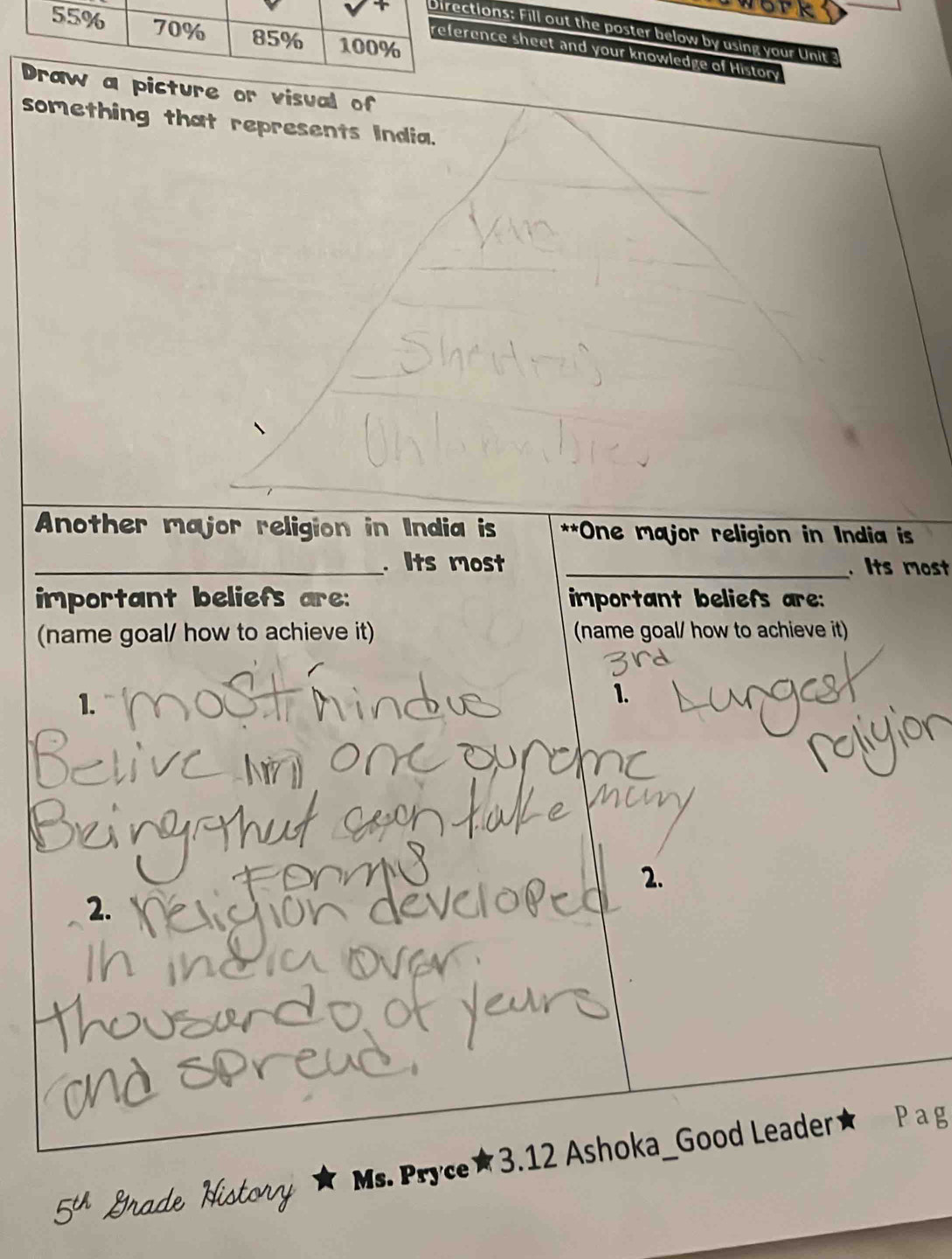 work
tions: Fill out the poster below by using your Unit
ence sheet and your knowledge of Histon
picture or visual of
something that represents India.
Another major religion in India is **One major religion in India is
_. Its most _. Its most
important beliefs are: important beliefs are:
(name goal/ how to achieve it) (name goal/ how to achieve it)
1.
1.
2.
2.
Ms. Pryce ★3.12 Ashoka_Good Leader★ Pag