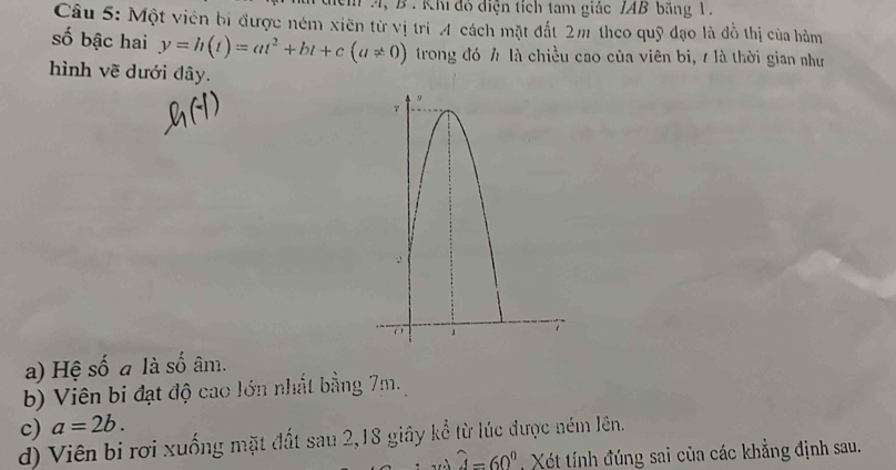 M,B : Khi đỏ diện tích tam giác IAB băng 1.
Câu 5: Một viên bị được ném xiên từ vị trì 4 cách mặt đất 2m theo quỹ đạo là đồ thị của hàm
số bậc hai y=h(t)=at^2+bt+c(a!= 0) trong đó h là chiều cao của viên bi, 7 là thời gian như
hình vẽ dưới đây.
a) Hệ số a là số âm.
b) Viên bi đạt độ cao lớn nhất bằng 7m.
c) a=2b.
d) Viên bi rơi xuống mặt đất sau 2, 18 giây kể từ lúc được ném lên.
widehat A=60° Xét tính đúng sai của các khẳng định sau.