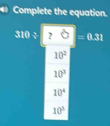 Complete the equation.
310/ ?=0.31