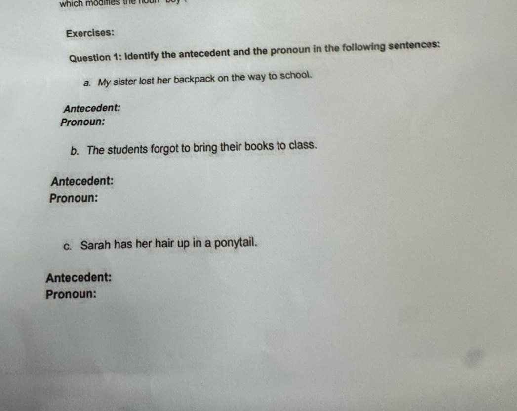 which modmes the houn 
Exercises: 
Question 1: Identify the antecedent and the pronoun in the following sentences: 
a. My sister lost her backpack on the way to school. 
Antecedent: 
Pronoun: 
b. The students forgot to bring their books to class. 
Antecedent: 
Pronoun: 
c. Sarah has her hair up in a ponytail. 
Antecedent: 
Pronoun: