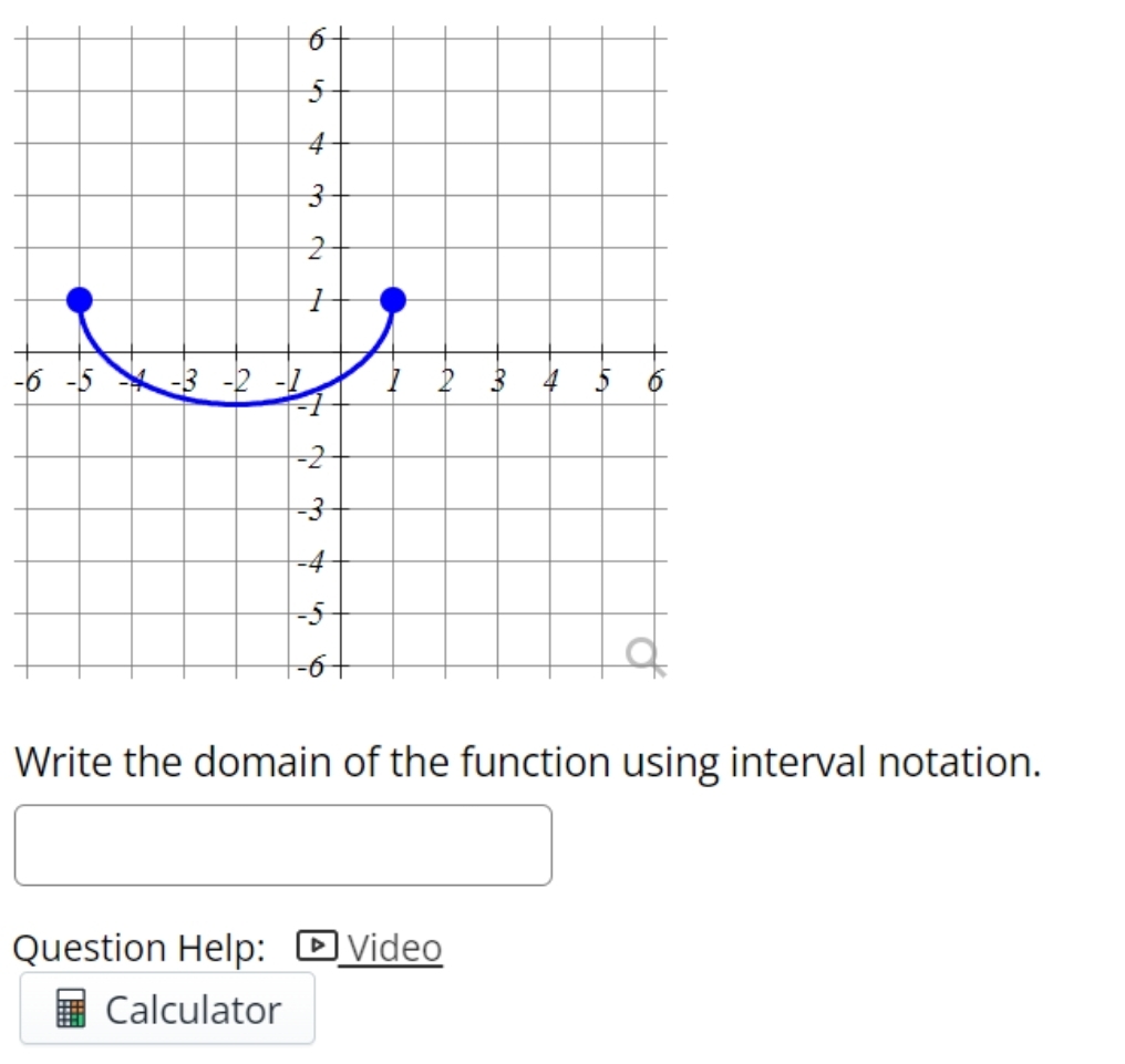 6 
-6 
Write the domain of the function using interval notation. 
Question Help: Video 
Calculator