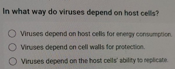 In what way do viruses depend on host cells?
Viruses depend on host cells for energy consumption.
Viruses depend on cell walls for protection.
Viruses depend on the host cells' ability to replicate.