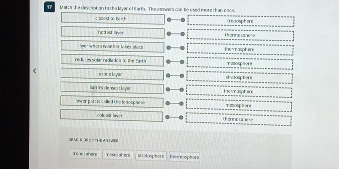 Match the description to the layer of Earth. The answers can be used more than once.
closest to Earth troposphere
hottest layer thermosphere
layer where weather takes place thermosphere
reduces solar radiatiòn to the Earth mesosphere
ozone layer stratosphere
Earth's densest layer thermosphere
lower part is called the lonosphere mesosphere
coldest layer thermosphere
DRAG & DROP THE ANSWER
troposphere mesosphere stratosphere thermosphere