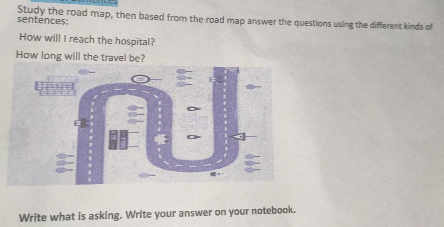 Study the road map, then based from the road map answer the questions using the different kinds of 
sentences: 
How will I reach the hospital? 
How long will the travel be? 
Write what is asking. Write your answer on your notebook.