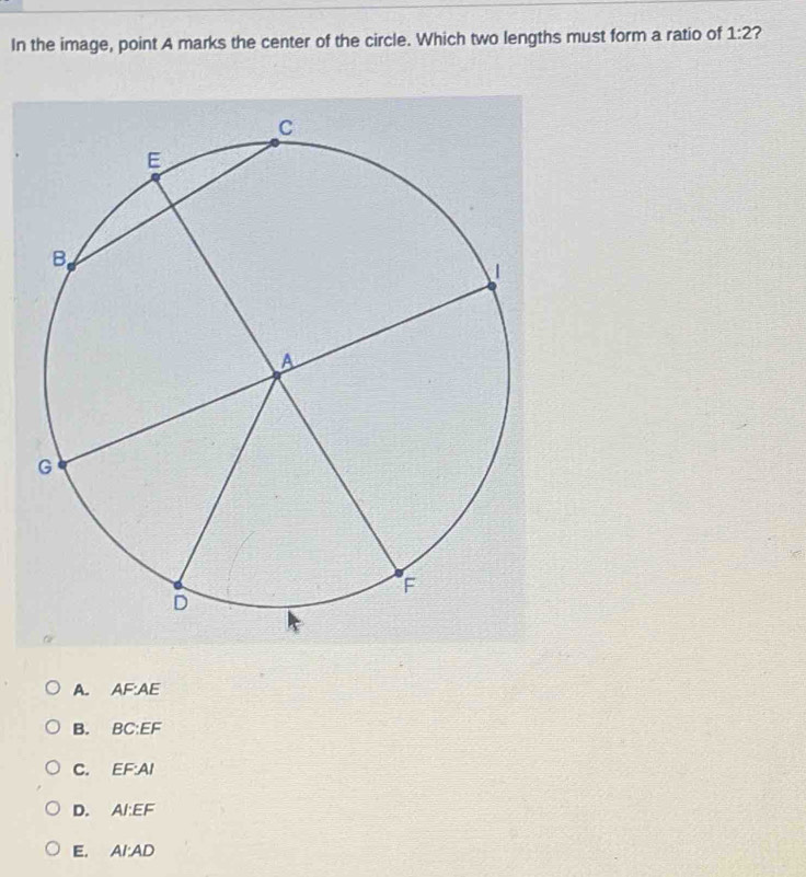 In the image, point A marks the center of the circle. Which two lengths must form a ratio of 1:2 ?
A. AF:AE
B. BC : EF
C. EF : AI
D. Al : EF
E. AI : AD