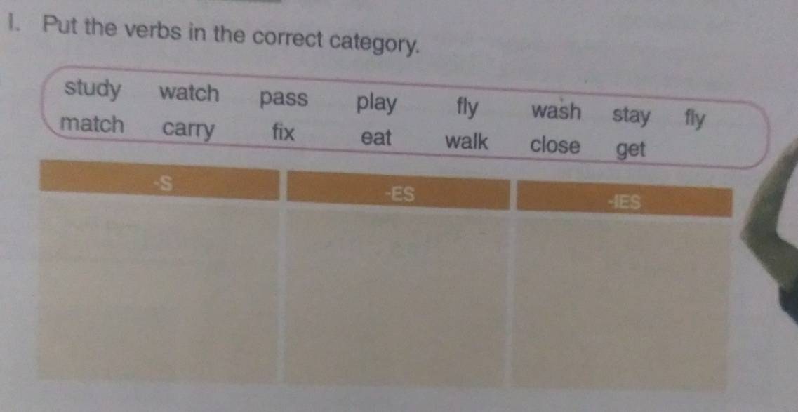 Put the verbs in the correct category.
study watch pass play fly wash stay fly
match carry fix eat walk close get