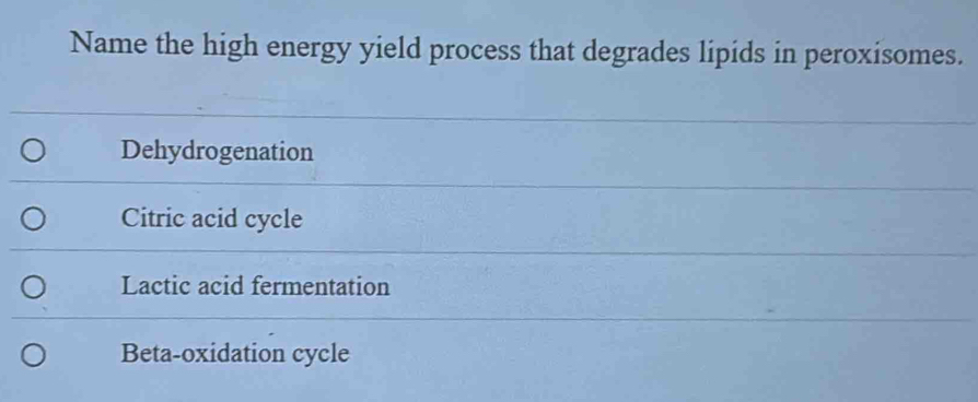 Name the high energy yield process that degrades lipids in peroxisomes.
Dehydrogenation
Citric acid cycle
Lactic acid fermentation
Beta-oxidation cycle