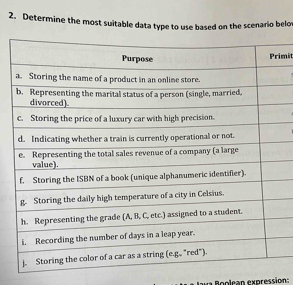 Determine the most suitable data type to use based on the scenario belot 
imit 
Java Boolean expression: