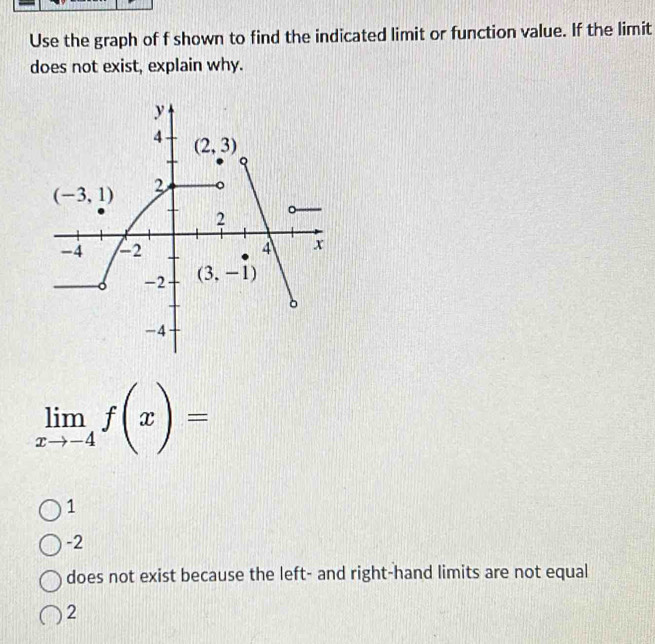 Use the graph of f shown to find the indicated limit or function value. If the limit
does not exist, explain why.
limlimits _xto -4f(x)=
1
-2
does not exist because the left- and right-hand limits are not equal
2