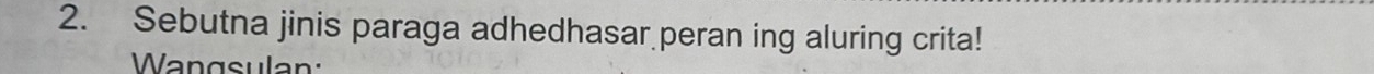 Sebutna jinis paraga adhedhasar peran ing aluring crita! 
Wangsulan: