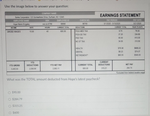 Use the image below to answer your question:
What was the TOTAL amount deducted from Hope's latest paycheck?
$90.00
$284.79
$315.21
$600