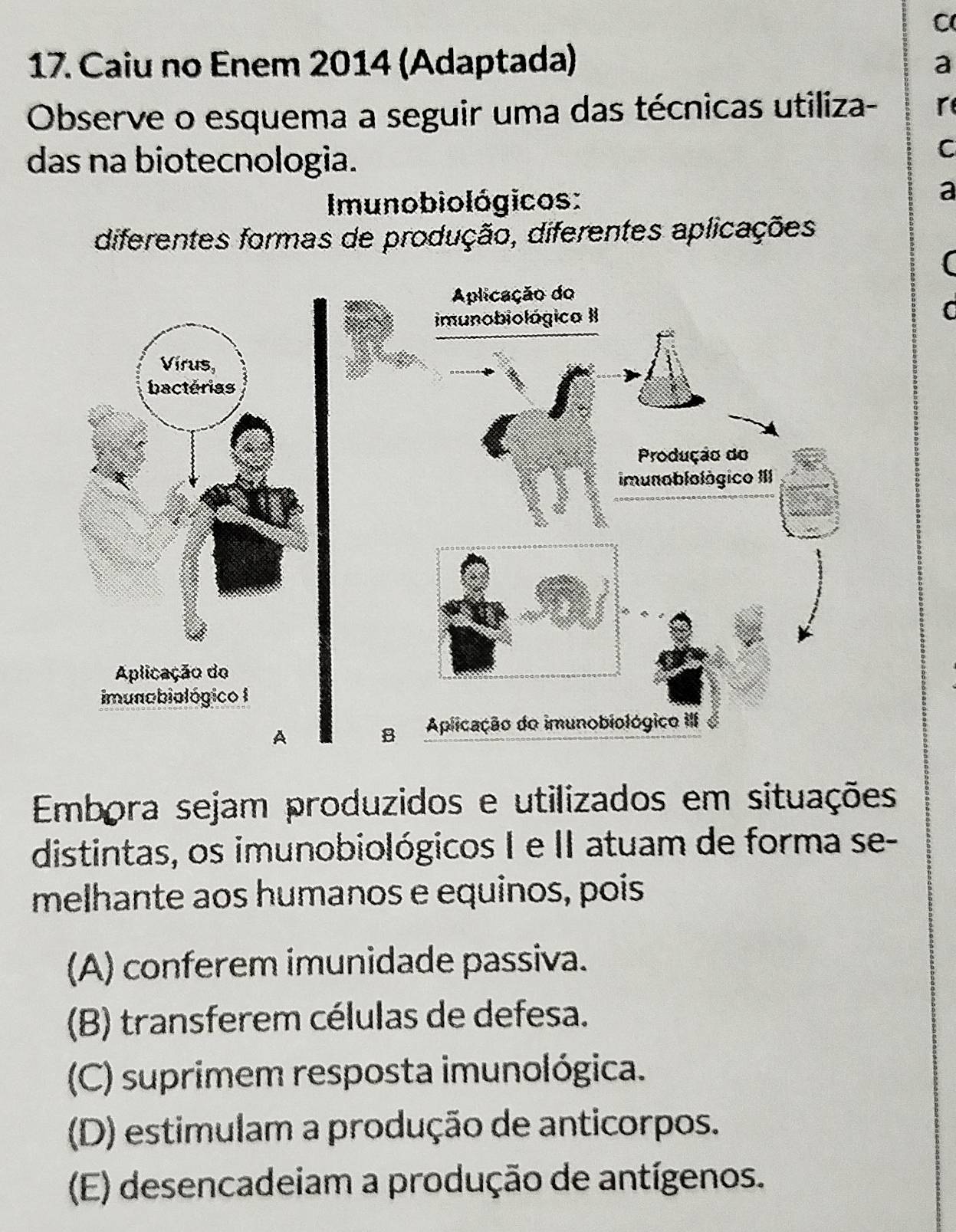 Caiu no Enem 2014 (Adaptada)
a
Observe o esquema a seguir uma das técnicas utiliza- r
das na biotecnologia.
C
Imunobiológicos:
a
diferentes formas de produção, diferentes aplicações
(
Embora sejam produzidos e utilizados em situações
distintas, os imunobiológicos I e II atuam de forma se-
melhante aos humanos e equinos, pois
(A) conferem imunidade passiva.
(B) transferem células de defesa.
(C) suprimem resposta imunológica.
(D) estimulam a produção de anticorpos.
(E) desencadeiam a produção de antígenos.