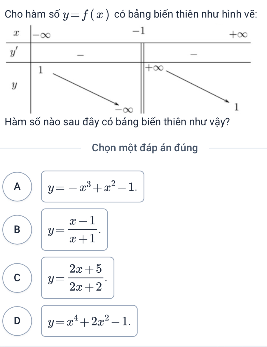 Cho hàm số y=f(x) có bảng biến thiên như hình vẽ:
Hàm số nào sau đây có bảng biến thiên như vậy?
Chọn một đáp án đúng
A y=-x^3+x^2-1.
B y= (x-1)/x+1 .
C y= (2x+5)/2x+2 .
D y=x^4+2x^2-1.