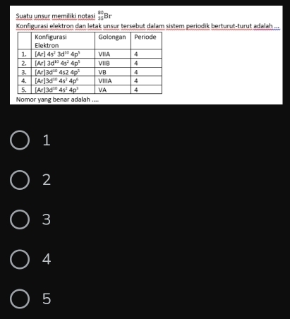 Suatu unsur memiliki notasi beginarrayr 80 35endarray Br 2
Konfigurasi elektron dan letak unsur tersebut dalam sistem periodik berturut-turut adalah ...
Nomor yang benar adalah ....
1
2
3
4
5