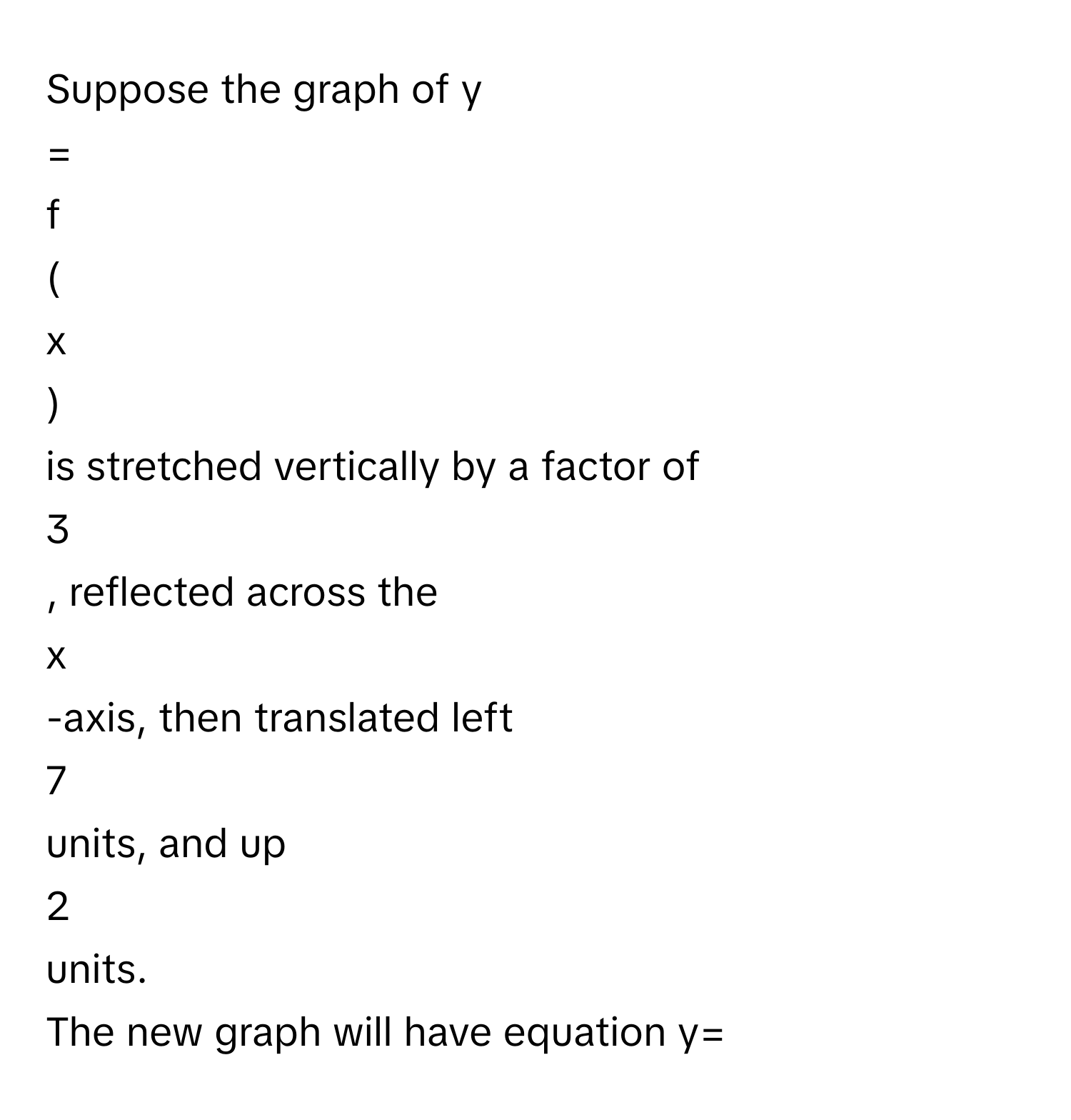 Suppose the graph of   y
=
f
(
x
)
is stretched vertically by a factor of 
3
, reflected across the 
x
-axis, then translated left 
7
units, and up 
2
units.
The new graph will have equation y=