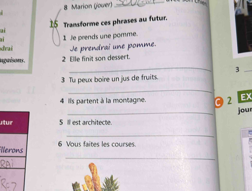 Marion (jouer) 
_ 
15 Transforme ces phrases au futur. 
ai 
ai 
1 Je prends une pomme. 
drai Je prendrai une pomme. 
_ 
ugaisons . 2 Elle finit son dessert. 
_3 
3 Tu peux boire un jus de fruits. 
_ 
4 Ils partent à la montagne. 
O2 EX 
_ 
jour 
étur 5 Il est architecte. 
_ 
6 Vous faites les courses. 
illerons 
_