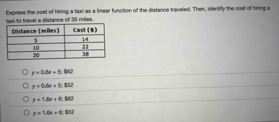 Express the cost of hiring a taxi as a linear function of the distance traveled. Then, identify the cost of hiring a
taxi to travel a distance of 35 miles.
y=0.6x+5; $62
y=0.6x+5; $52
y=1.6x+6; $62
y=1.6x+6; $52