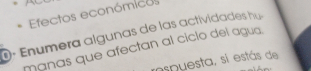 Ac 
Efectos económicos 
º Enumera algunas de las actividads hu 
manas que afectan al ciclo del agua, 
respuesta, si estás de