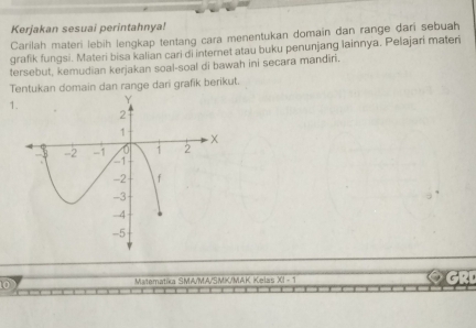 Kerjakan sesuai perintahnya! 
Carilah materi lebih lengkap tentang cara menentukan domain dan range đari sebuah 
grafik fungsi. Materi bisa kalian cari di internet atau buku penunjang lainnya. Pelajari materi 
tersebut, kemudian kerjakan soal-soal di bawah ini secara mandiri. 
Tentukan domain dan range dari grafik berikut. 
1. 
0 Matematika SMA/MA/SMK/MAK Kelas XI - 1