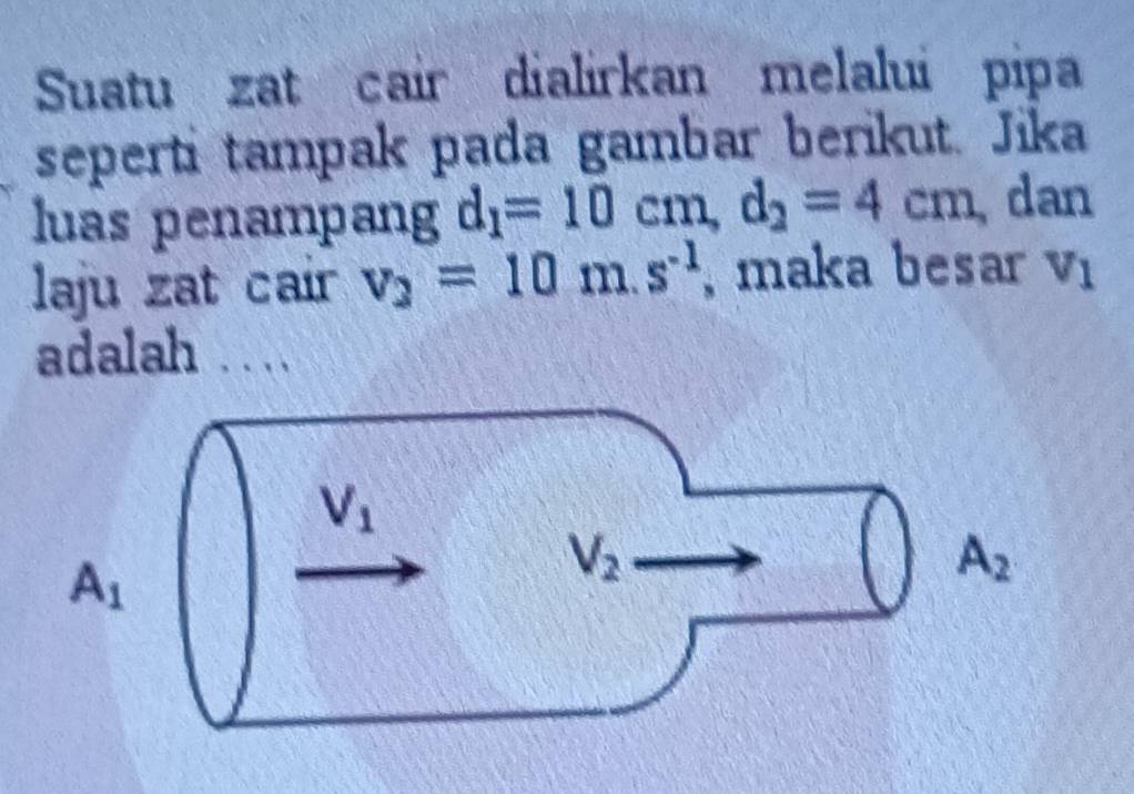 Suatu zat cair dialirkan melalui pipa
seperti tampak pada gambar berikut. Jika
luas penampang d_1=10cm,d_2=4cm dan
laju zat cair v_2=10m.s^(-1) , maka besar V_1
adalah . . . .
A_1