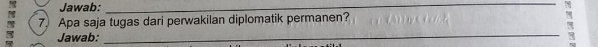 Jawab:_ 
7. Apa saja tugas dari perwakilan diplomatik permanen? 
Jawab: 
_