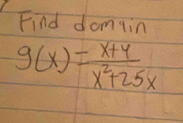 Find domqin
g(x)= (x+4)/x^2+25x 