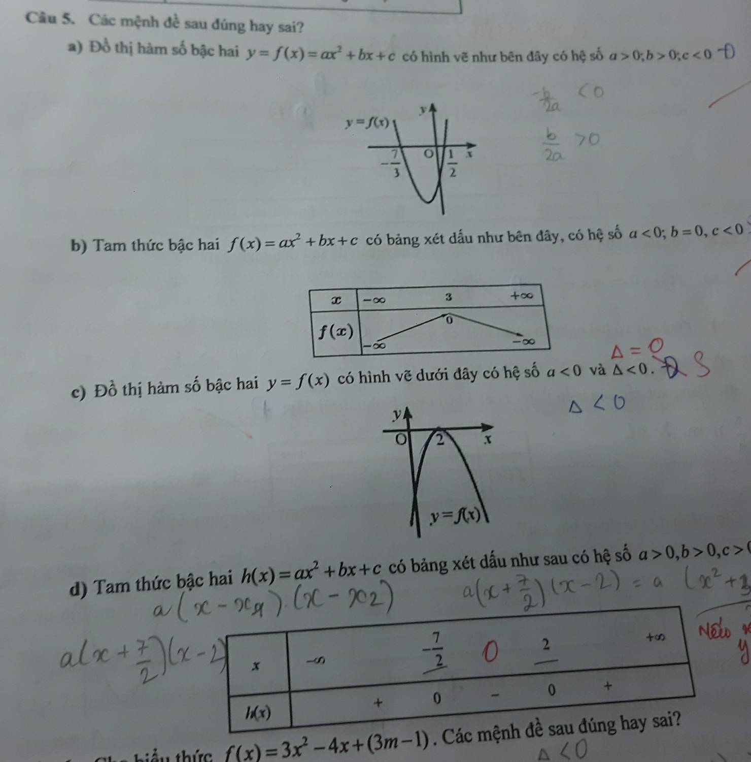 Các mệnh đề sau đúng hay sai?
a) Đồ thị hàm số bậc hai y=f(x)=ax^2+bx+c có hình vẽ như bên đây có hệ số a>0;b>0;c<0</tex>
b) Tam thức bậc hai f(x)=ax^2+bx+c có bảng xét đấu như bên đây, có hệ số a<0;b=0,c<0</tex>
c) Đồ thị hàm số bậc hai y=f(x) có hình vẽ dưới đây có hệ số a<0</tex> và △ <0</tex>
y
2 x
y=f(x)
d) Tam thức bậc hai h(x)=ax^2+bx+c có bảng xét dấu như sau có hệ số a>0,b>0,c>
thức f(x)=3x^2-4x+(3m-1). C