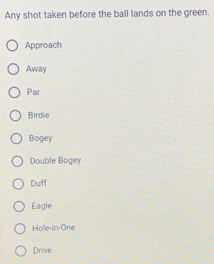Any shot taken before the ball lands on the green.
Approach
Away
Par
Birdie
Bogey
Double Bogey
Duff
Eagle
Hole-in-One
Drive