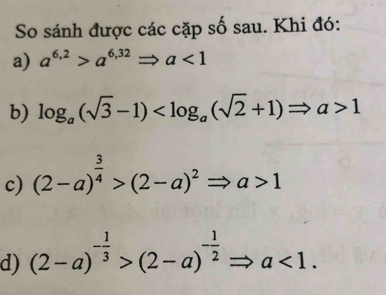 So sánh được các cặp số sau. Khi đó: 
a) a^(6,2)>a^(6,32)Rightarrow a<1</tex> 
b) log _a(sqrt(3)-1) 1
c) (2-a)^ 3/4 >(2-a)^2Rightarrow a>1
d) (2-a)^- 1/3 >(2-a)^- 1/2 Rightarrow a<1</tex>.