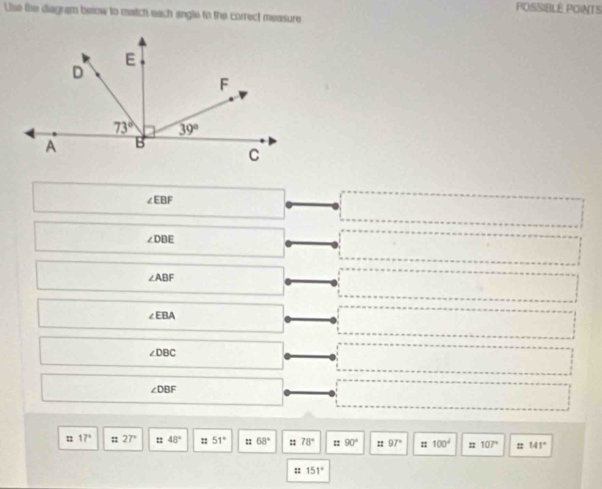 POSSIBLE POINTS
Use the diagram below to match each angle to the correct measure
∠ EBF
∠ DBE
∠ ABF
∠ EBA
∠ DBC
∠ DBF
: 17° :: 27° :: 48° :: 51° :: 68° :: 78° :: 90° ::97° : 100^4 ::107° :: 141°
:: 151°