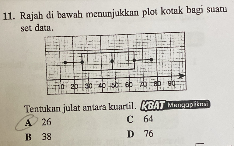 Rajah di bawah menunjukkan plot kotak bagi suatu
set data.
Tentukan julat antara kuartil. KBAT Mengoplikosi
A 26 C 64
B 38
D 76