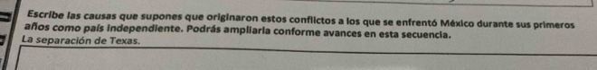 Escribe las causas que supones que originaron estos conflictos a los que se enfrentó México durante sus primeros 
años como país independiente. Podrás ampliaria conforme avances en esta secuencia. 
La separación de Texas.