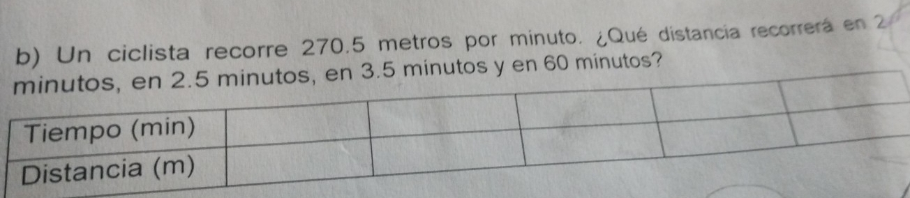 Un ciclista recorre 270.5 metros por minuto. ¿Qué distancia recorrerá en 2 .5 minutos y en 60 minutos?