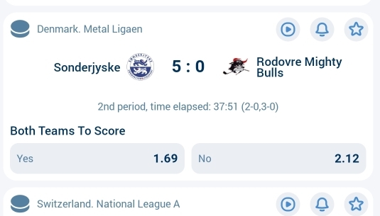 Denmark. Metal Ligaen
Rodovre Mighty
Sonderjyske 5:0 Bulls
2nd period, time elapsed: 37:51 (2-0,3-0)
Both Teams To Score
Yes 1.69 No 2.12
Switzerland. National League A