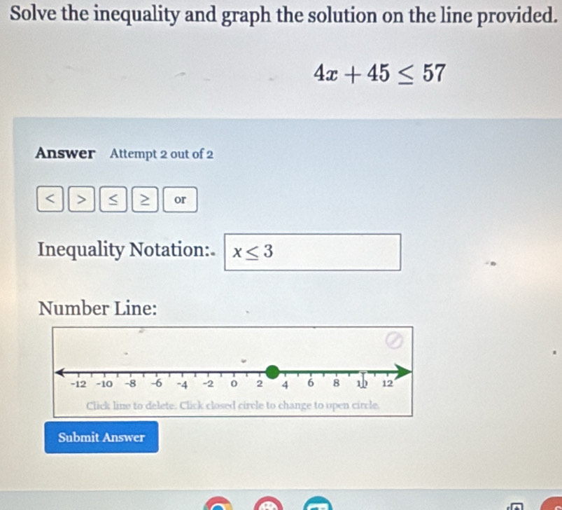 Solve the inequality and graph the solution on the line provided.
4x+45≤ 57
Answer Attempt 2 out of 2 
> > or 
Inequality Notation: x≤ 3
Number Line: 
Click lino delete. Click closed circle to change to upen circle. 
Submit Answer