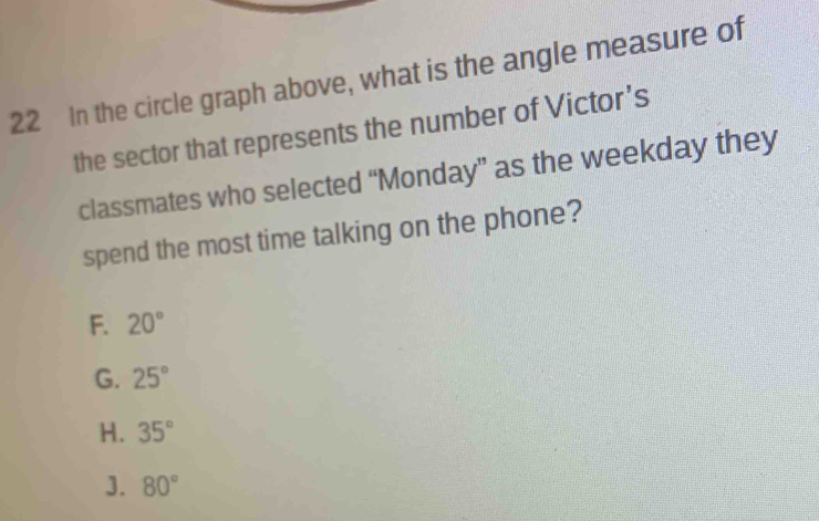 In the circle graph above, what is the angle measure of
the sector that represents the number of Victor’s
classmates who selected “Monday” as the weekday they
spend the most time talking on the phone?
F. 20°
G. 25°
H. 35°
3. 80°