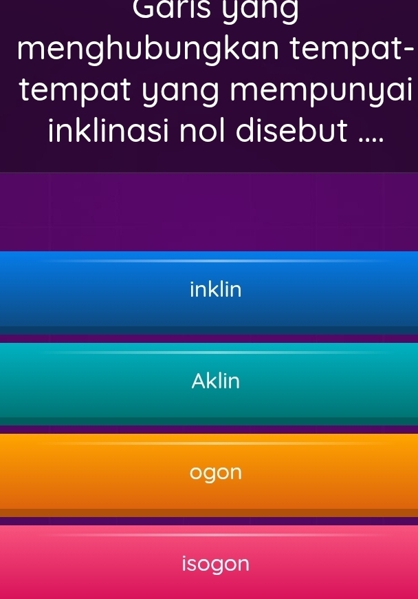 Gans yang
menghubungkan tempat-
tempat yang mempunyai
inklinasi nol disebut ....
inklin
Aklin
ogon
isogon