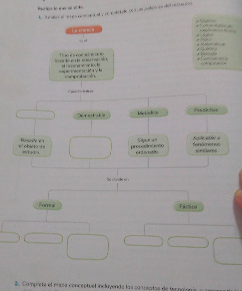 Realiza lo que se pide. 
Analiza el mapa conceptual y complétalo con las palabras del recuadro 
amgrabai ã e ç o 
La ciencia 
C 
C ógica 
es ei Materáticas 

Tipo de conocimiento Bologia 
basado en la observación, Cóncas de la 
el razonamiento, la compusación 
experimentación y la 
comprobación. 
Características 
Demostrable Metódico 
Predictivo 
Basado en Sigue un Aplicable s 
el objeto de procedimiento fenómenos 
estudio. ordenado. similares. 
Se divide en 
Formal Fáctica 
2. Completa el mapa conceptual incluyendo los conceptos de tecnología