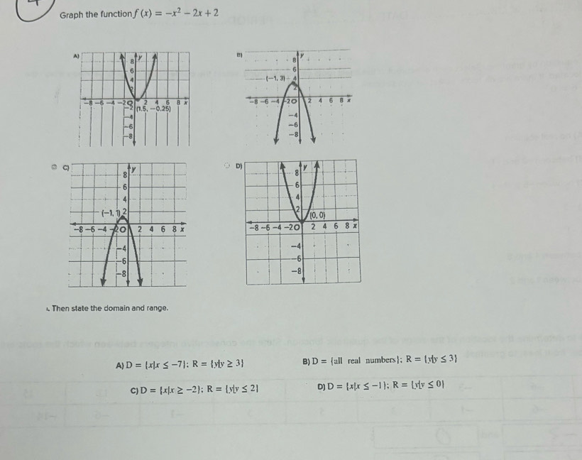 Graph the function f(x)=-x^2-2x+2. Then state the domain and range.
A) D= x|x≤ -7 :R= y|y≥ 3 B) D= all real numbers; R= y|y≤ 3
C) D= x|x≥ -2 ;R= y|y≤ 2 D) D= x|x≤ -1 ;R= y|y≤ 0