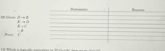 Given: Dto B
Kto D
Kvee C^ - B
Prove: C
13) Which is logically equivalent to “If it's cold